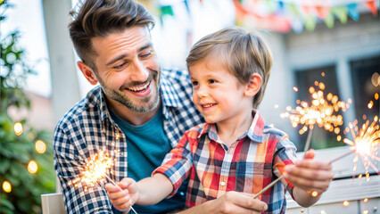 Wall Mural - Happy father and son with sparklers having fun at birthday party outdoors