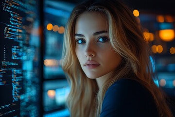  AI cyber security concept. Female IT Computer specialist analyzing artificial intelligence cyber threats to consumer data & privacy breach. Software developer using code & ethical hacking 