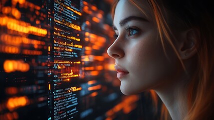  AI cyber security concept. Female IT Computer specialist analyzing artificial intelligence cyber threats to consumer data & privacy breach. Software developer using code & ethical hacking 