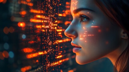  AI cyber security concept. Female IT Computer specialist analyzing artificial intelligence cyber threats to consumer data & privacy breach. Software developer using code & ethical hacking 