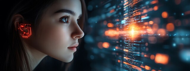  AI cyber security concept. Female IT Computer specialist analyzing artificial intelligence cyber threats to consumer data & privacy breach. Software developer using code & ethical hacking 