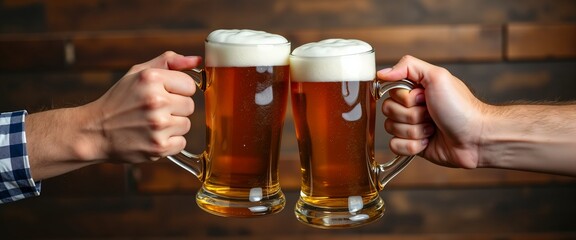 Hands holding mugs of Bavarian beer Oktoberfest on rustic wooden background