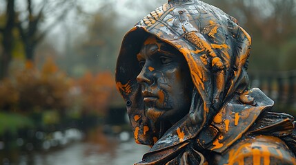 A close-up of a bronze statue of a hooded person with a blurry background.