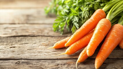 Tasty ripe juicy carrots on wooden table, closeup