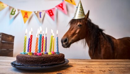 a horse wearing a colorful party hat looks at a chocolate cake with lit candles symbolizing celebration joy festivities birthday and animal happiness