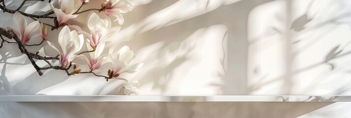 Wall Mural - White empty shelf mockup featuring natural light shadows from a window and a border of fresh magnolia.