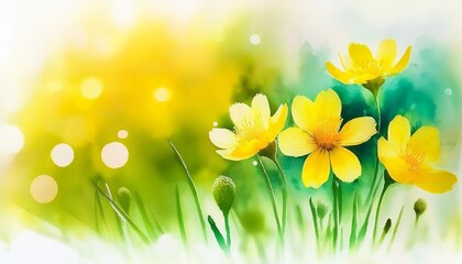 yellow and green watercolor background for spring with beautiful flower