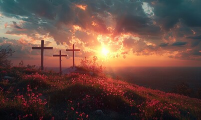 Wall Mural - Crucifixion of Jesus Christ concept, Three crosses up on a hill at sunset,