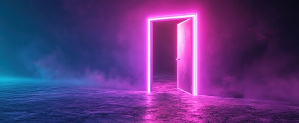 abstract open door to universe. cyberpunk neon door background concept. pink violet neon. abstract n