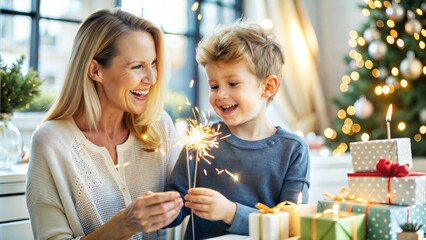 Wall Mural - happy mother and son with sparklers and christmas gifts at home