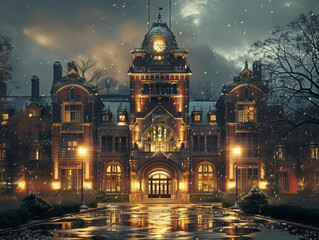 Majestic Gothic Revival Mansion Illuminated By Warm Lights Reflecting Off Wet Pavement Under Dark Moody Sky With Falling Leaves