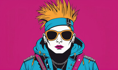 A stylized illustration of a punk rocker with spiky blonde hair, sunglasses, and a blue leather jacket, standing against a bright pink background