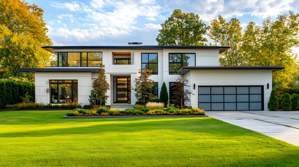 Sleek Two-Story White House with a Well-Maintained Lawn and Garden