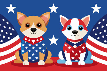 Two adorable dogs dressed in American flag-themed outfits sit against a patriotic backdrop of red, white, and blue stars, embodying a festive and playful spirit.
