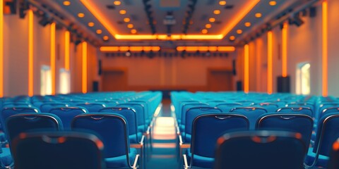 Empty conference hall with blue chairs Rear view