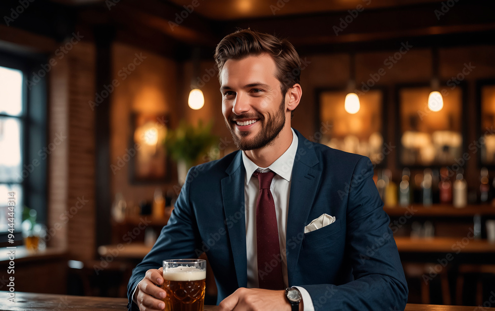 Young businessman in a business suit and tie drinking beer in a pub ...