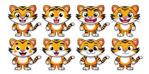 Sticker - set of cartoon characters tiger cub, transparent white background