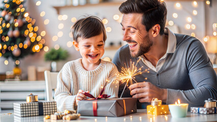 Wall Mural - happy father and son with sparklers and gift box at christmas