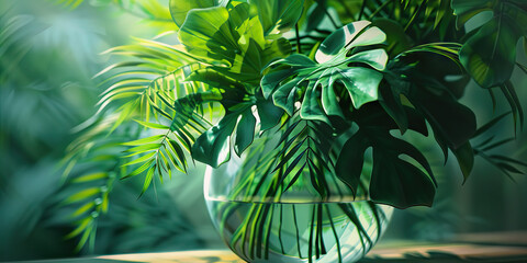 Wall Mural - A close-up of a vase filled with lush greenery, its leaves reflecting a verdant European garden.