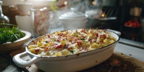 Wall Mural - Homemade Baked Pasta with Leeks Bacon and Cream