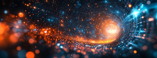  Abstract technology background with geometric circles and dots, simple vector illustration of abstract shapes in orange on a dark blue background design 