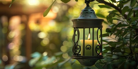 Poster - Elegant Wrought Iron Lantern with Fresh Green Candle