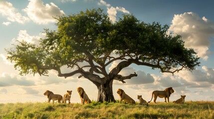 Pride of lions in the savannah under a large tree