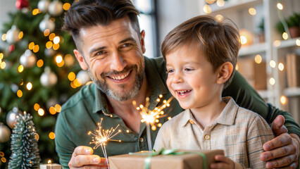 Wall Mural - happy father and son with sparklers and gift box at christmas