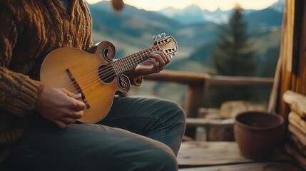 Mandolin being strummed on a rustic porch, with mountains in the distance, Cozy, Warm, Detailed