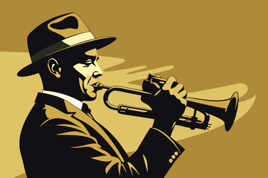 This image features a silhouette of a man wearing a hat, playing a trumpet, with a light background that emphasizes the artistic pose of the musician. Great emphasis on music and art

