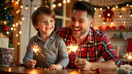 Wall Mural - Cute little boy and his father with sparklers on Christmas Eve