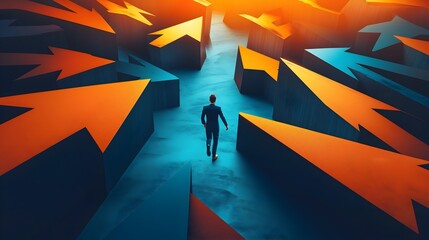 Lone figure walking through a maze with contrasting orange and blue light. Dramatic and symbolic scene of life’s journey and decision-making.