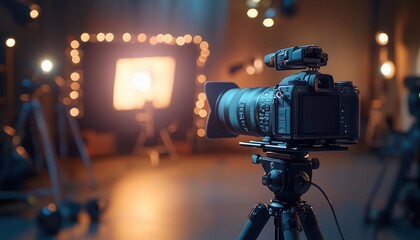 Wall Mural - Tripod set up for a photoshoot, with a camera ready to capture the perfect shot, Professional, Bright, Detailed