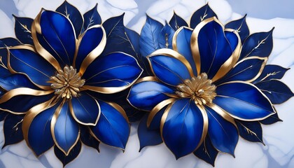 beautiful spring cobalt blue flower with golden leavs on decorative background as wallpaper illustration elegant cobalt blue gold flower