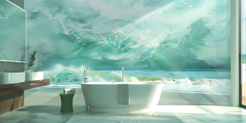 An ocean-themed abstract painting in soft blues and greens brings serenity to a modern bathroom.