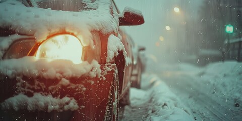 Poster - Snow covered car after a heavy snowstorm close up Snow cyclone and intense rain