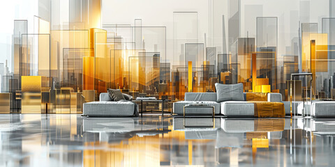 An abstract cityscape in metallic gold and silver tones adds a touch of glamour to a trendy living room.