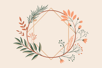 Wall Mural - Minimalistic geometric floral empty frames. Calligraphic round or square shapes with branches and flowers. Elegant herbs or blossoms.
