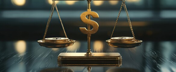 3D rendering dollar sign and golden coin on balancing scale. Business investment and financial loan concept