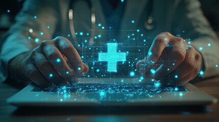 Close up of male hands using laptop on desk with creative glowing blue medical hologram with cross on blurry background. Science, healthcare system and futuristic pharmacy concept. Double exposure