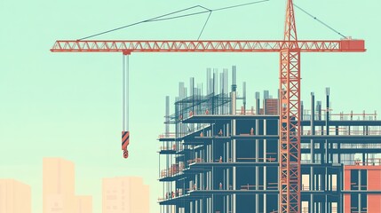 Wall Mural - A crane moving large concrete blocks at a construction site with workers directing the operation