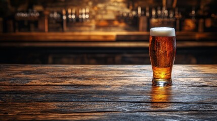 Poster - Refreshing glass of beer with frothy head against a golden background on a warm evening