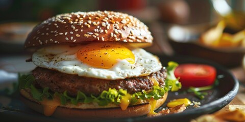 Canvas Print - Homemade cheeseburger topped with a perfectly cooked sunny side up egg