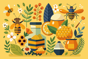 Wall Mural - An artistic display comprises various hand-drawn elements related to bees and honey production, showcasing nature's sweetness
