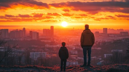 Poster - Sunset City Overlook with Silhouetted Figures