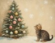 © Avve Diana  - Greeting cards with an oil painting of a kitten under the tree looking at glass balls. The tree glows in the dark with garland.