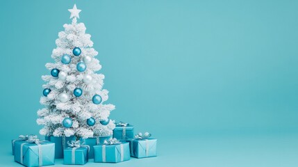 Wall Mural - with a christmas tree and presents all around, this scene is blue and silver. stock background. a fe