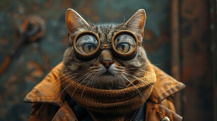 A tabby cat wearing round steampunk goggles and a brown jacket, looking at the camera with a serious expression.