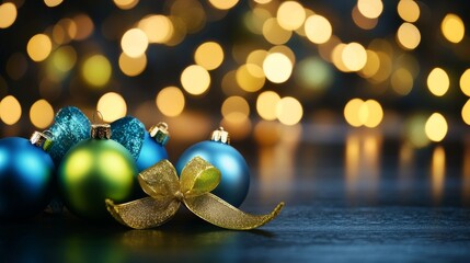 Wall Mural - arrangement of blue christmas ornaments on a table. panoramic banner with blue garland.