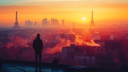 Poster - Sunset over Paris with Silhouette of Man and Cat